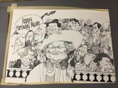 Caricature of The Queen Mother and Political Figures including Margaret Thatcher, c.1985, print (