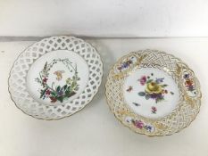 A Meissen plate with pierced edge and gilt floral and insect decoration (d.20cm) and a Continental