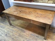 A pine farmhouse table fitted single frieze drawer, on square supports (174cm x 175cm x 68cm)
