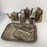 An assortment of Epns coffee pots (tallest: 19cm x 20cm x 8cm), sugar bowl, trays, cutlery etc. (a