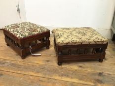 Two 19thc oak footstools with tapestry tops and bobbin turned rails, on bun feet (17cm x 32cm x