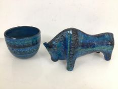 A Bitossi bowl and Bull (bull: 17cm x 33cm x 14cm) (2)