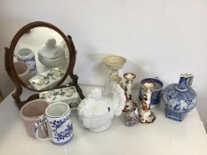 A mixed lot including a Delftware jug of bulbous form, with handle and hexagonal base, a tureen in