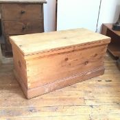 A 19thc stripped pine kist, with hinged top and plinth base, lock mechanism removed (a/f) (49cm x