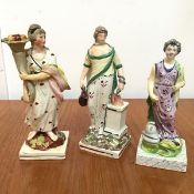 A group of three early 19thc Staffordshire creamware figures, including Britannia, Summer etc. (