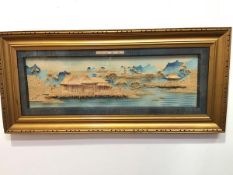 A Japanese balsa wood diorama depicting Pagodas with Mountains, signed with four character seal