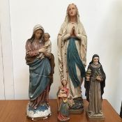 A plaster Madonna figure with rosary, a plaster figure, Madonna with Infant Jesus and a similar