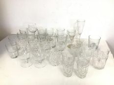 An assortment of glasses including two etched brandy glasses (12cm x 8cm), a cut glass lowball,