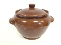 A Pearsons of Chesterfield lidded pot, the body with handles to sides, with allover chocolate