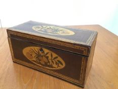 A 19thc mahogany and satinwood inlaid tea caddy, the rectangular top with floral oval panelled inlay