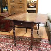 A Victorian mahogany pembroke table on turned supports, terminating in castors (a/f) (72cm x 91cm