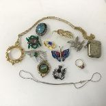 A collection of costume jewellery including a turquoise brooch, a butterfly brooch and other