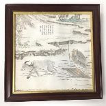 An early 20thc Chinese print, Man Ploughing Field with Ox, Chinese characters to centre (22cm x