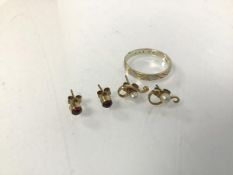 A 9ct gold ring (P) (2.29g), a pair of 9ct gold seed pearl stud earrings and another pair of