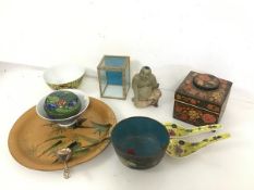 A mixed lot including a cloisonne lidded bowl and another with dragon decoration, a papier mache tea