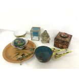 A mixed lot including a cloisonne lidded bowl and another with dragon decoration, a papier mache tea