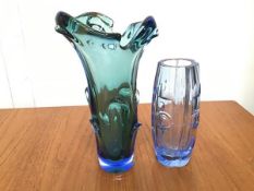 A 1930s ovoid slice cut cylinder style Deco vase (21cm x 8cm) and a 1970s stylised blue to green