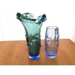 A 1930s ovoid slice cut cylinder style Deco vase (21cm x 8cm) and a 1970s stylised blue to green