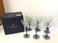 A set of six Gleneagles crystal cocktail glasses, with blue tulip stems (19cm x 10cm), in original