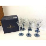 A set of six Gleneagles crystal cocktail glasses, with blue tulip stems (19cm x 10cm), in original