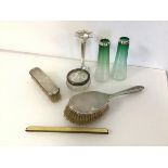 A pair of Edwardian green to clear glass vases, with London silver collars (13cm x 5cm to base), a