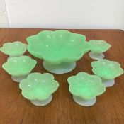 A 1930s seven piece dessert set comprising a fruit bowl with floral mint green decoration, on opaque