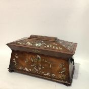 A large mid-19th century rosewood sarcophagus tea caddy, elaborately inlaid in abalone and mother of