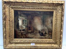 Scottish School, 19th Century, A Highland Cottage Interior, oil on canvas, in a giltwood frame. 29cm