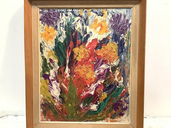 Rona Mavor (Scottish, 1897-1985), An Abstracted Floral Still Life, signed lower right, oil on board,