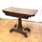 A Scottish William IV rosewood tea table, the hinged rectangular top enclosing a baize lined