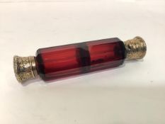 A mid-19th century silver-gilt mounted ruby glass double-ended scent flask, Sampson Mordan, London