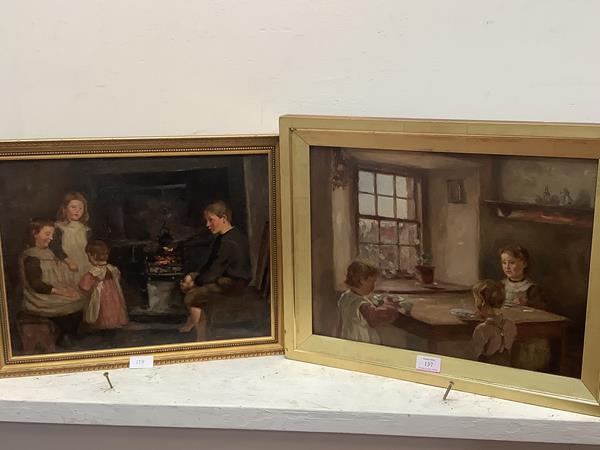 James Elliot Shearer (1858-c. 1940), Children in a Cottage Interior, a pair of oils on canvas,