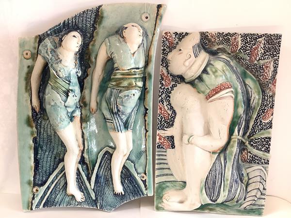 Lorraine Fernie (b. 1941), two figural wall plaques, each in relief, polychrome glazed, with