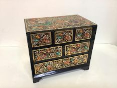 A Mexican lacquer jewellery chest, c. 1980, of rectangular form, fitted with three short and two