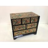 A Mexican lacquer jewellery chest, c. 1980, of rectangular form, fitted with three short and two