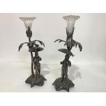 An unusual pair of 19th century silver-plated and etched glass table ornaments, Walker & Hall,