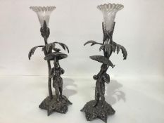 An unusual pair of 19th century silver-plated and etched glass table ornaments, Walker & Hall,