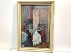 20th Century School, Interior with a Screen, Chair and Vase of Flowers, signed Cunningham, pastel,