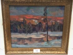 Hugo Carlberg (Swedish, 1880-1943), Winter Landscape, signed lower right, oil on panel, framed. 24.