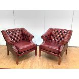 A pair of modern leather club chairs, each with buttoned back and scroll arms, with close-nailed