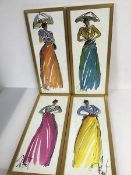 A set of four silkscreen fashion prints, each depicting a Lady in Dress (each: 48cm x 19cm)