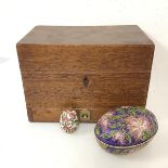 A 19thc box with hinged lid and frieze (17cm x 24cm x 15cm), a cloisonne egg and an oval cloisonne