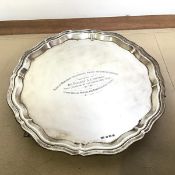 A 1946 Sheffield silver footed salver, Viners, with presentation engraving and piecrust edge (