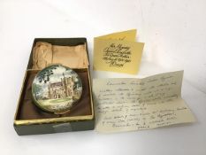 A Crummels Queen Mother Commemorative enamelled lidded box, decorated with Castle of Mey, limited