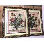 A pair of reproduction prints depicting Flowers in a Vase, both within decorative foliate painted