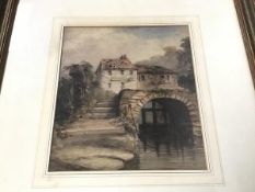 Alexander Roake (?), Rural Scene with Buildings over Bridge, watercolour, signed bottom left,