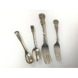 A group of early to mid 19thc. Scottish silver including two forks (largest: 19cm) and two spoons (