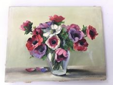 Renee Altier, Glass Vase with Flowers, oil on canvas, signed bottom right, unframed (27cm x 35cm)