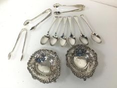 A pair of Birmingham silver pierced dishes (10cm x 8cm) (combined: 37.05g) and three pairs of Epns