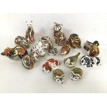 A collection of Royal Crown Derby animal figures, including Cats, Birds, Hedgehogs, Frog etc. (